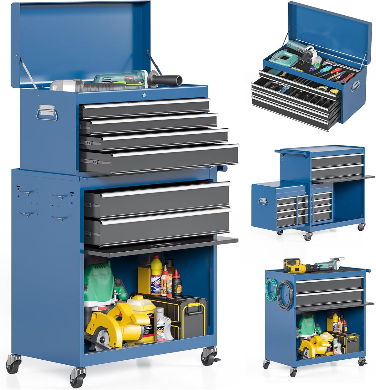AirWire 8-Drawer Tool Chest, Rolling Tool Storage Cabinet with Enhanced Packaging, Detachable Top Tool Box with Tray Divider, Liners, Metal Tool Cart for Garage Workshop, Blue