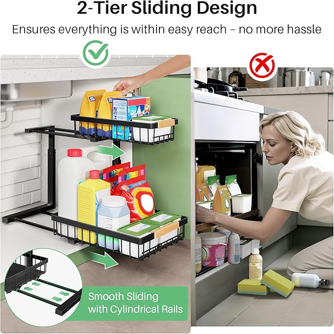 Under Sink Organizer, 2 Packs 2 Tier Under Sink Organizers and Storage