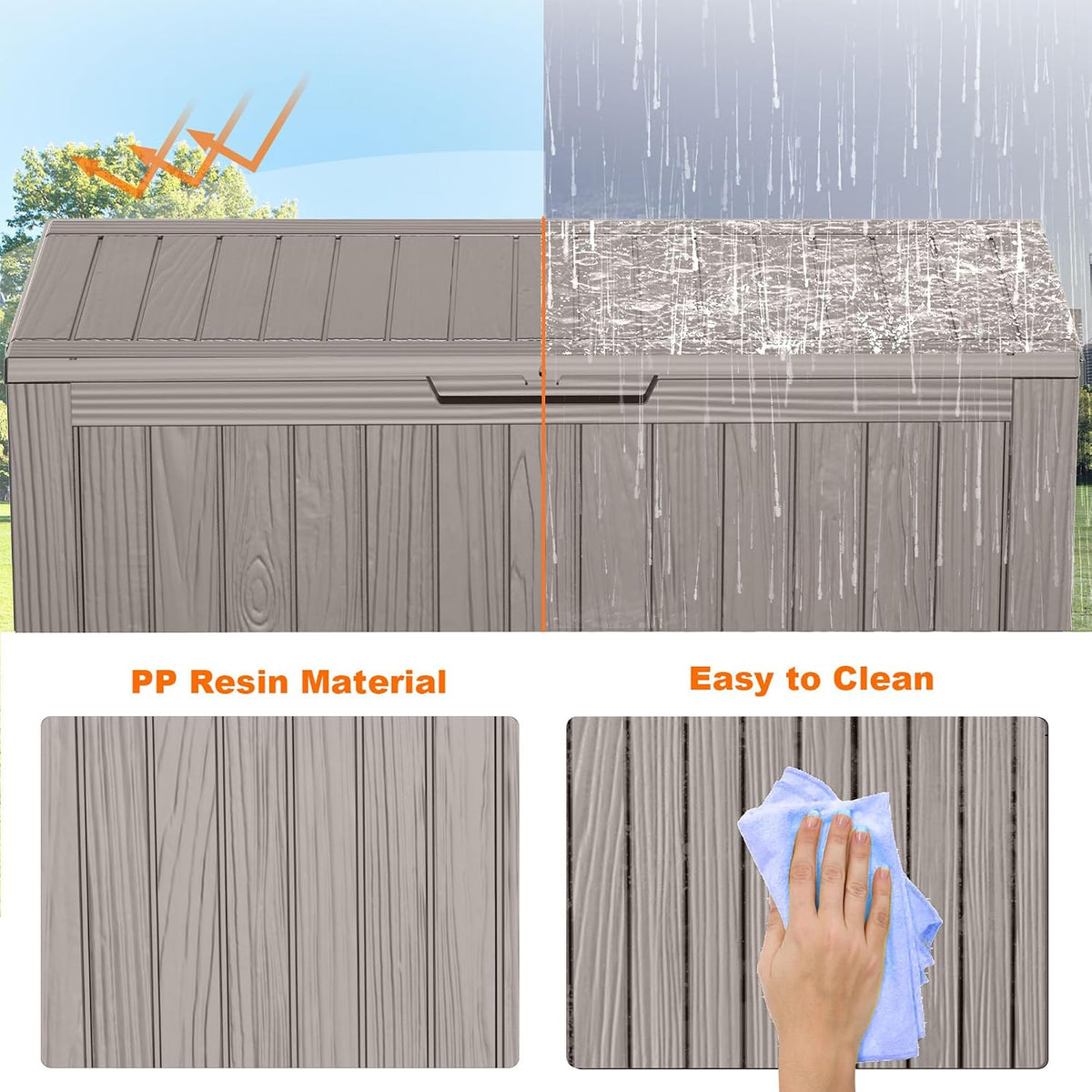 90 gallon outdoor storage box, resin deck boxes, side view