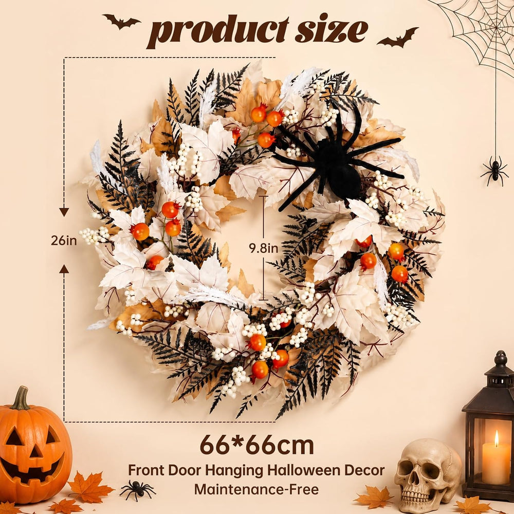 24" Halloween Wreath for Front Door with Spider, Maple Leaf
