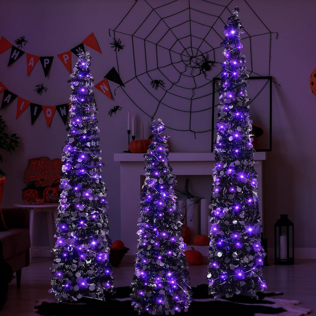 Shappy 3 Pcs 4/5/6 Ft Black Tinsel Halloween Tree with Purple Lights