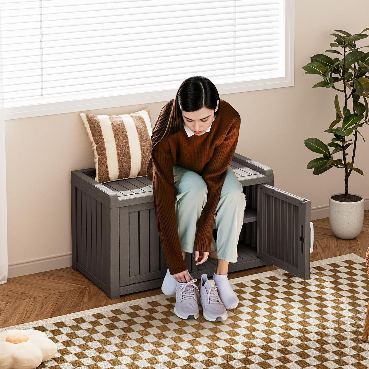 2-tier storage bench, waterproof uv-resistant outdoor shoe storage, close-up detail