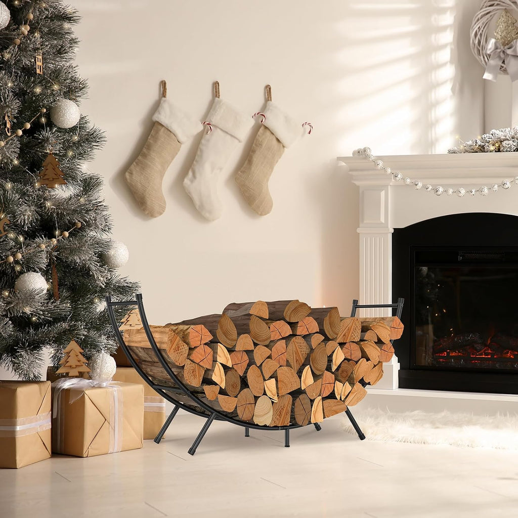 curved firewood rack,48 in powder-coated log holder for, close-up detail