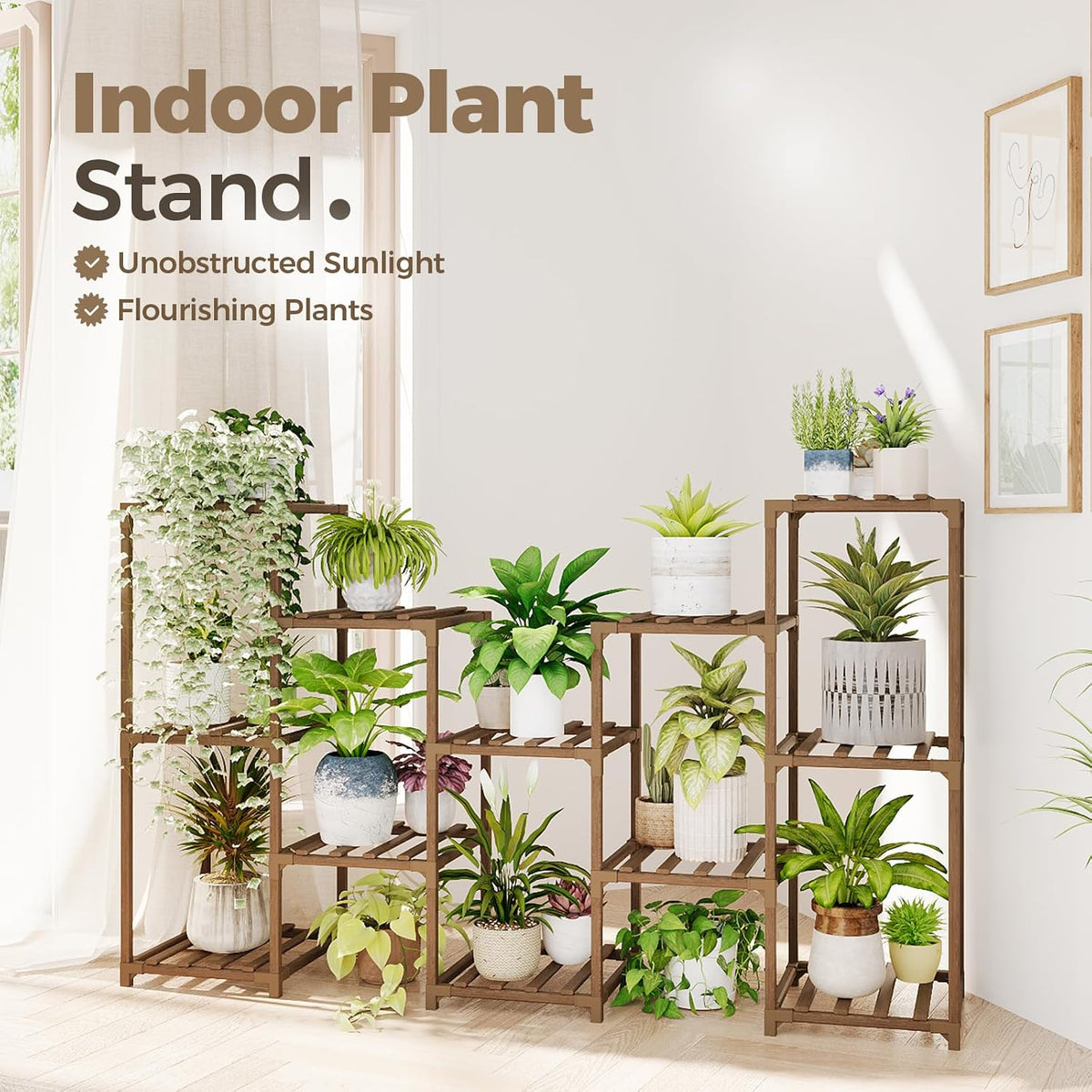 bamworld large plant shelf outdoor wood plant stand shown in use