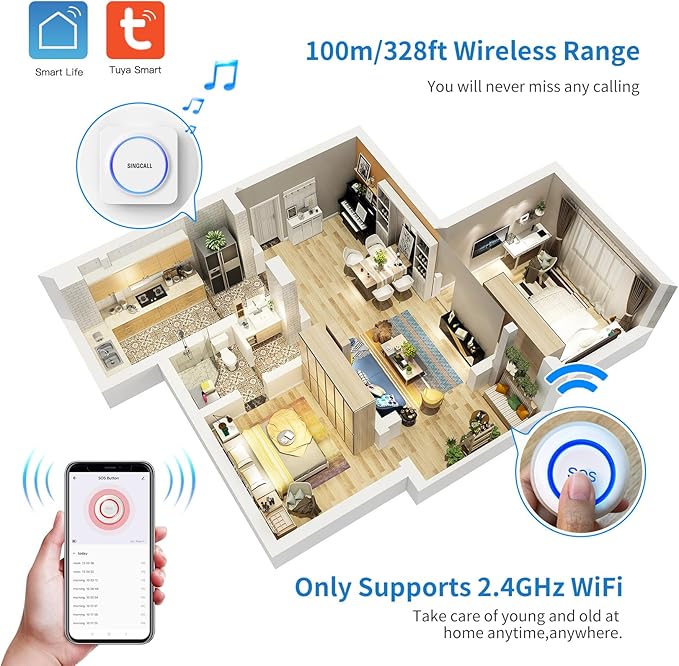 SINGCALL Tuya WiFi SOS Wireless Calling Caregiver Pager System Calling Alert