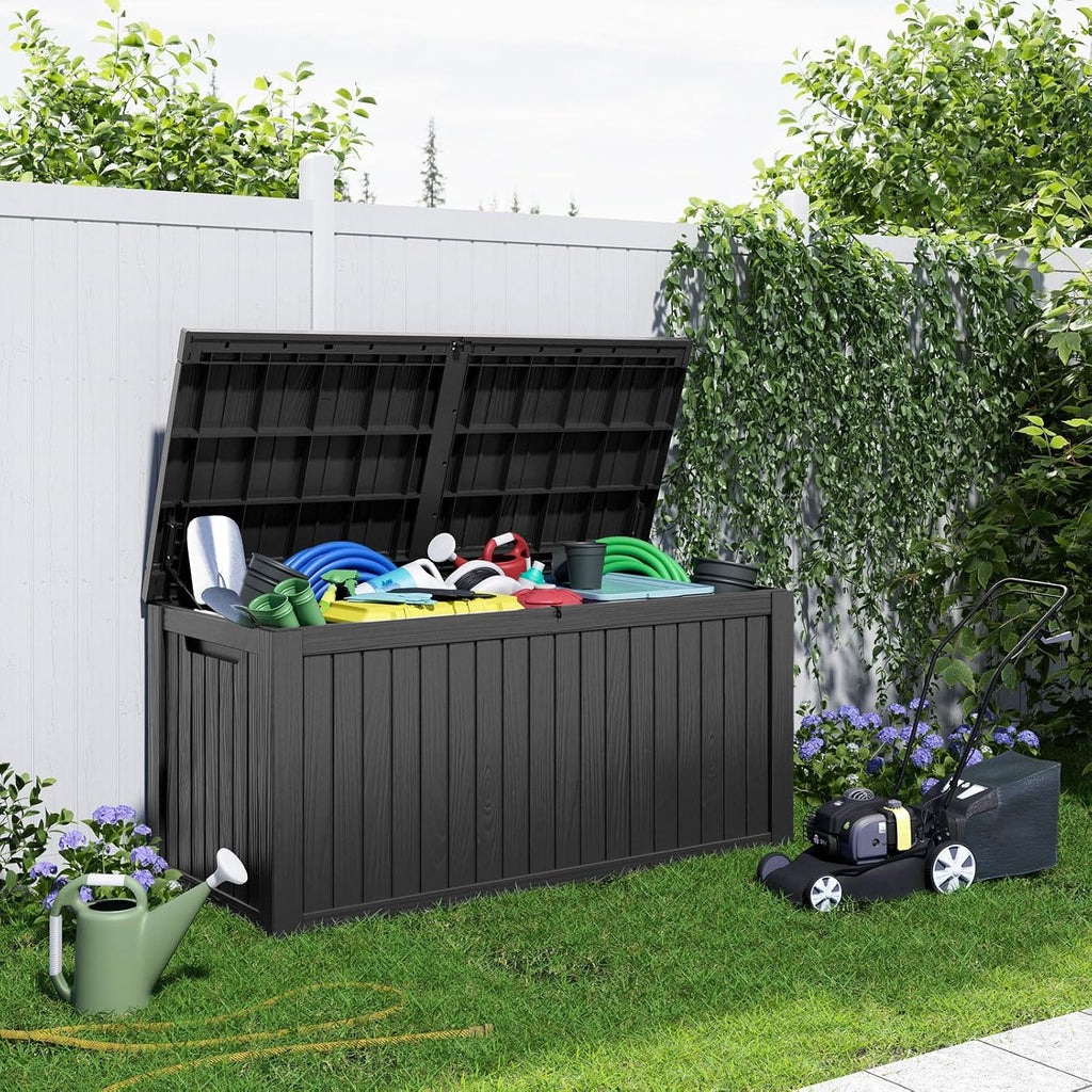 patiozen 180 gallon resin deck box, lockable patio showing dimensions