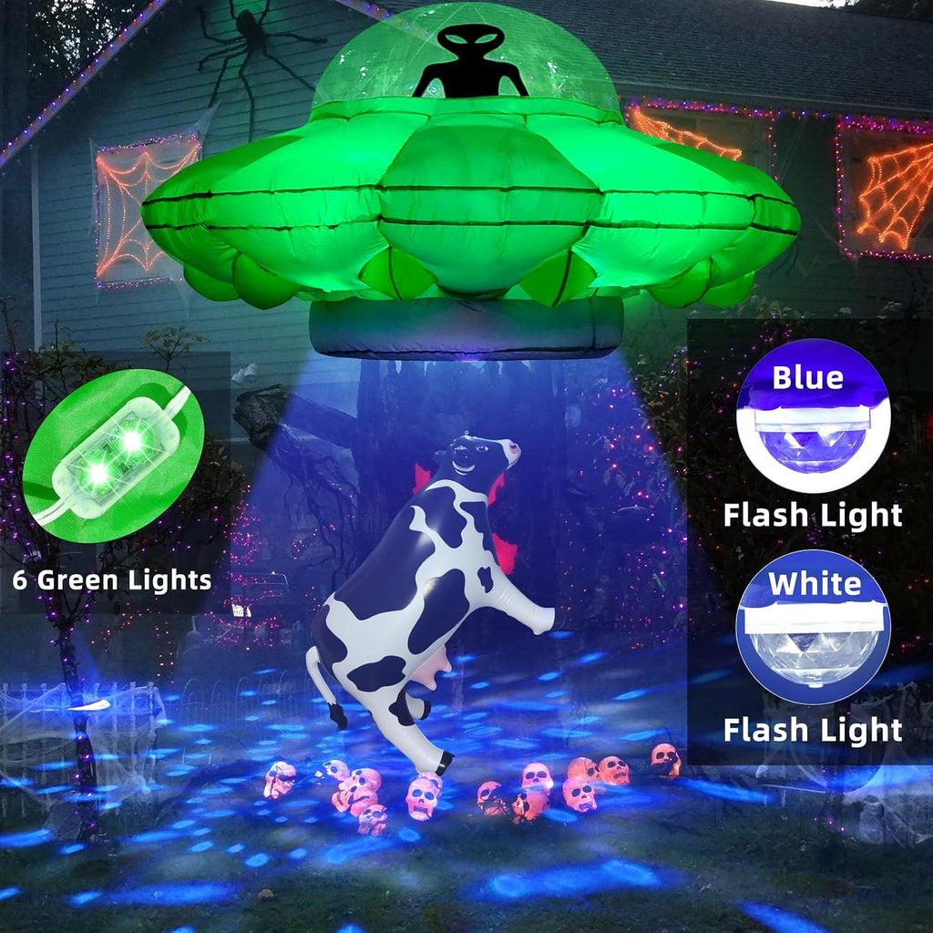 Alien Party Decorations 4.2FT Hanging UFO Cow Abduction Inflatable Alien Inflatable UFO Halloween Blow Up Built-in Green LED Blue&White Flashing Light with Cow Outdoor Indoor Home Garden Lawn Decor