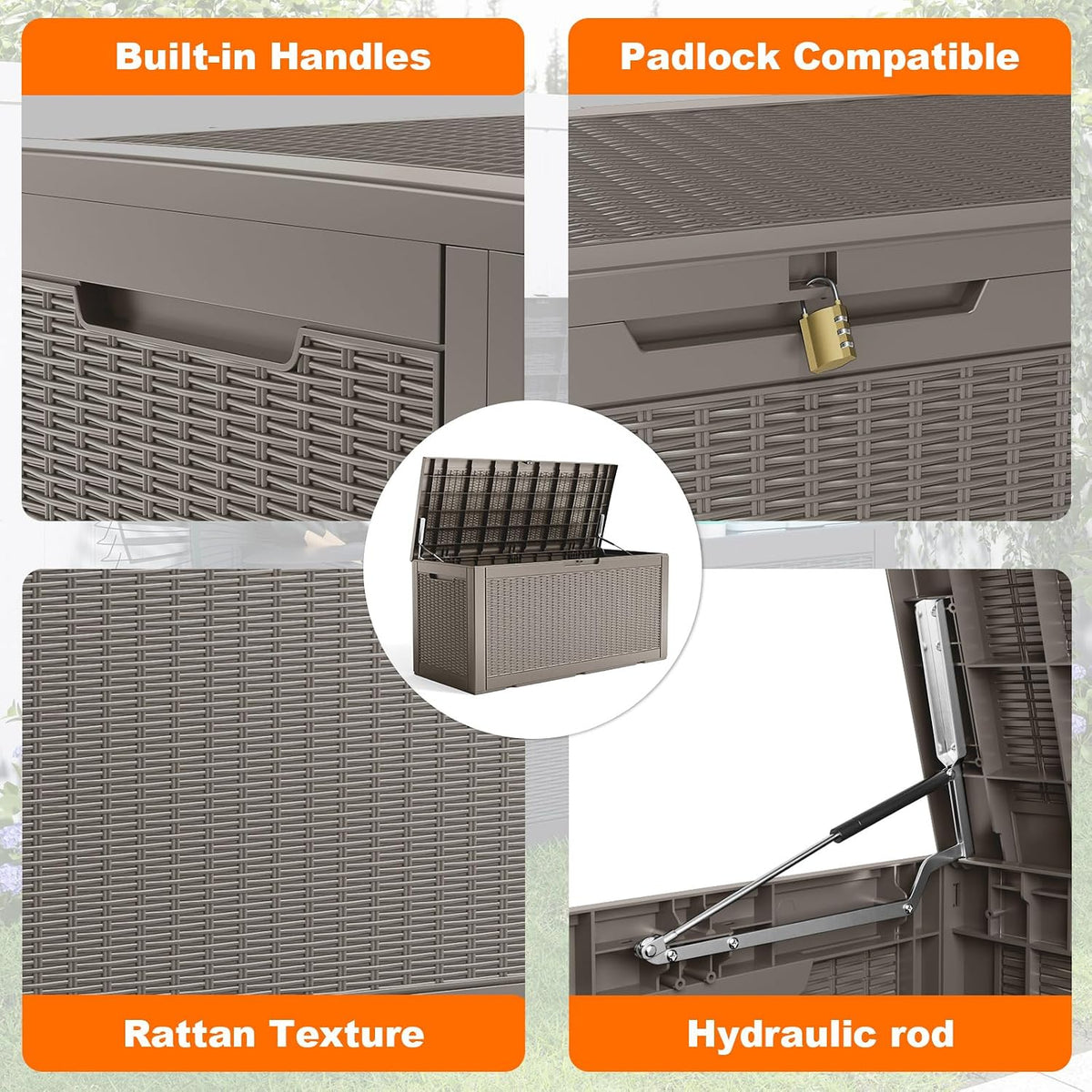 patiozen 120 gallon resin deck box, lockable patio shown in use