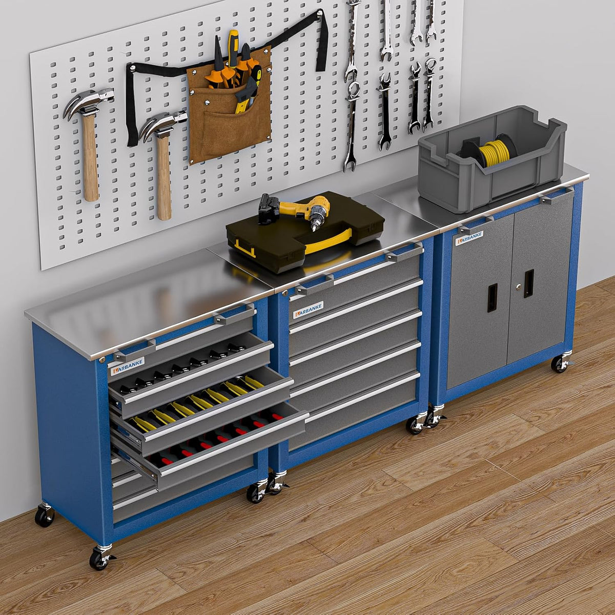 larbanke 7-drawer rolling tool chest with key locking showing dimensions