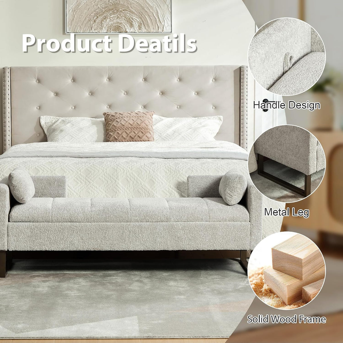 64" W Storage Benches End of Bed Bench, Light Gray