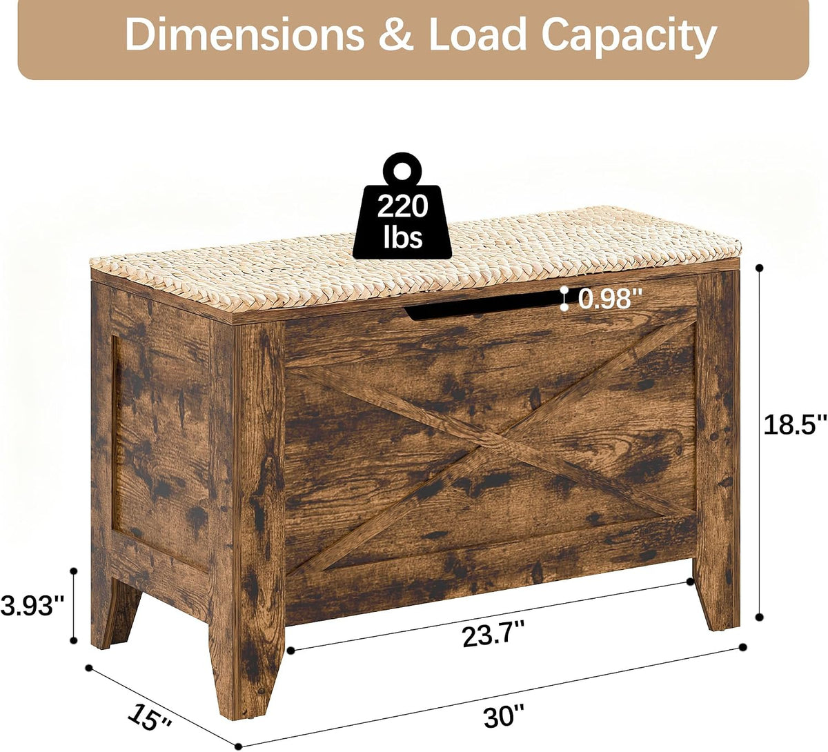 vecelo 30" storage bench with handwoven wicker cushion shown in use