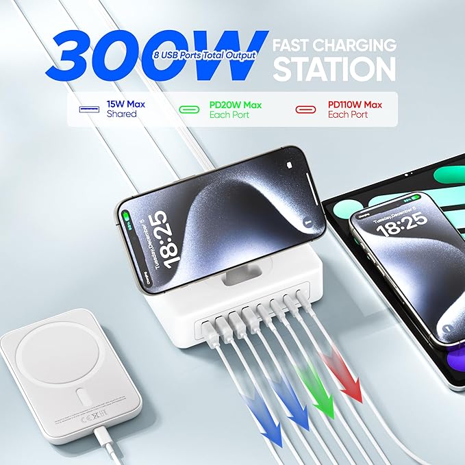 11-in-1 Charging Station USB-C Power Strip, 300W USB C Charger Block, 2AC