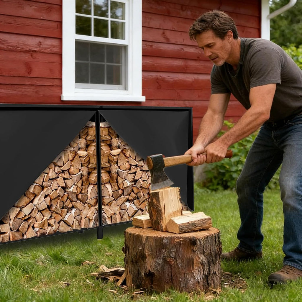 8ft firewood rack cover with zipper & adhesive showing dimensions