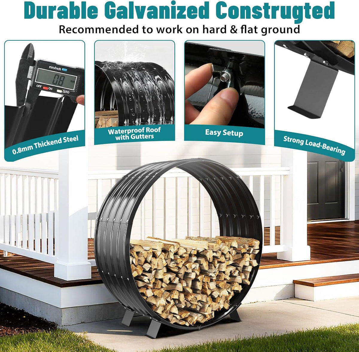 3.3 ft diameter round firewood rack with 4 showing dimensions