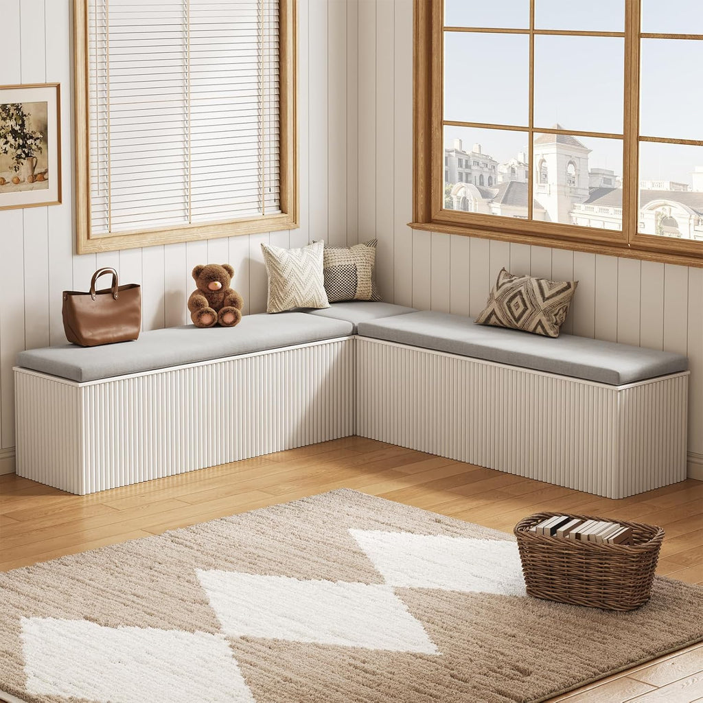 Breakfast Nook Bench, L Shaped Storage Bench with Cushion, White