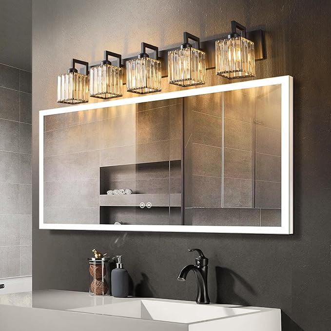 FDPBY Black Bathroom Light Fixture, 5-Light Crystal Vanity Lighting, Bathroom