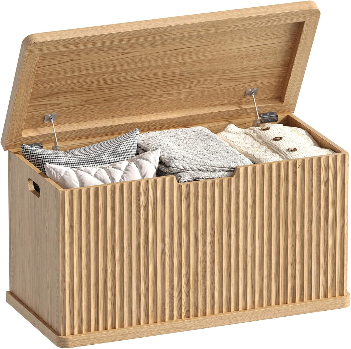 Akxomel 29.5" Fluted Storage Chest Wooden Storage Trunk 2 Safety Hinges Oak