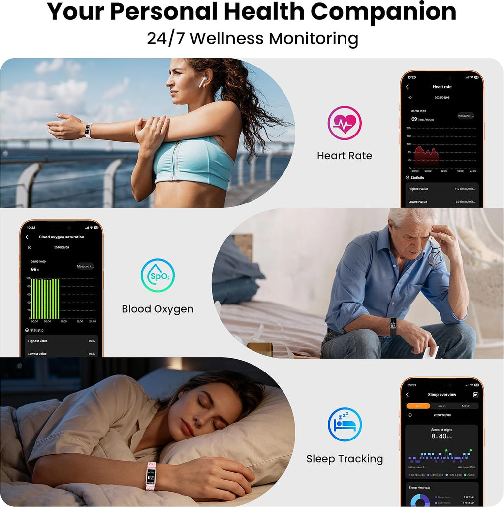 fitness tracker with heart rate & sleep tracking showing dimensions