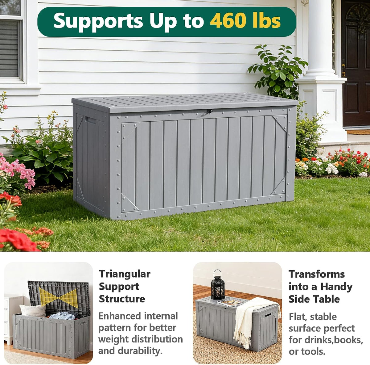 outdoor storage box, 98 gallon deck box, outdoor, side view