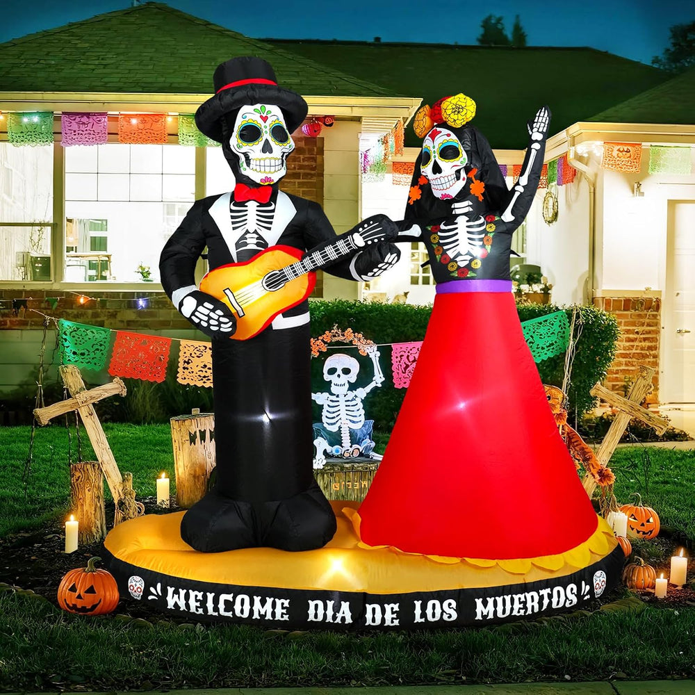 6 FT Halloween Inflatables Decor Day of The Dead Spooky Sugar Skull Couple Al...