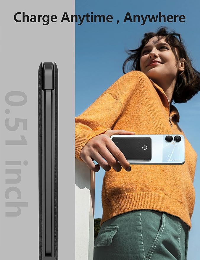 6000mah Ultra Slim Built in Cables Power Bank, Card Size Built in USB C Cords (2-Pack)