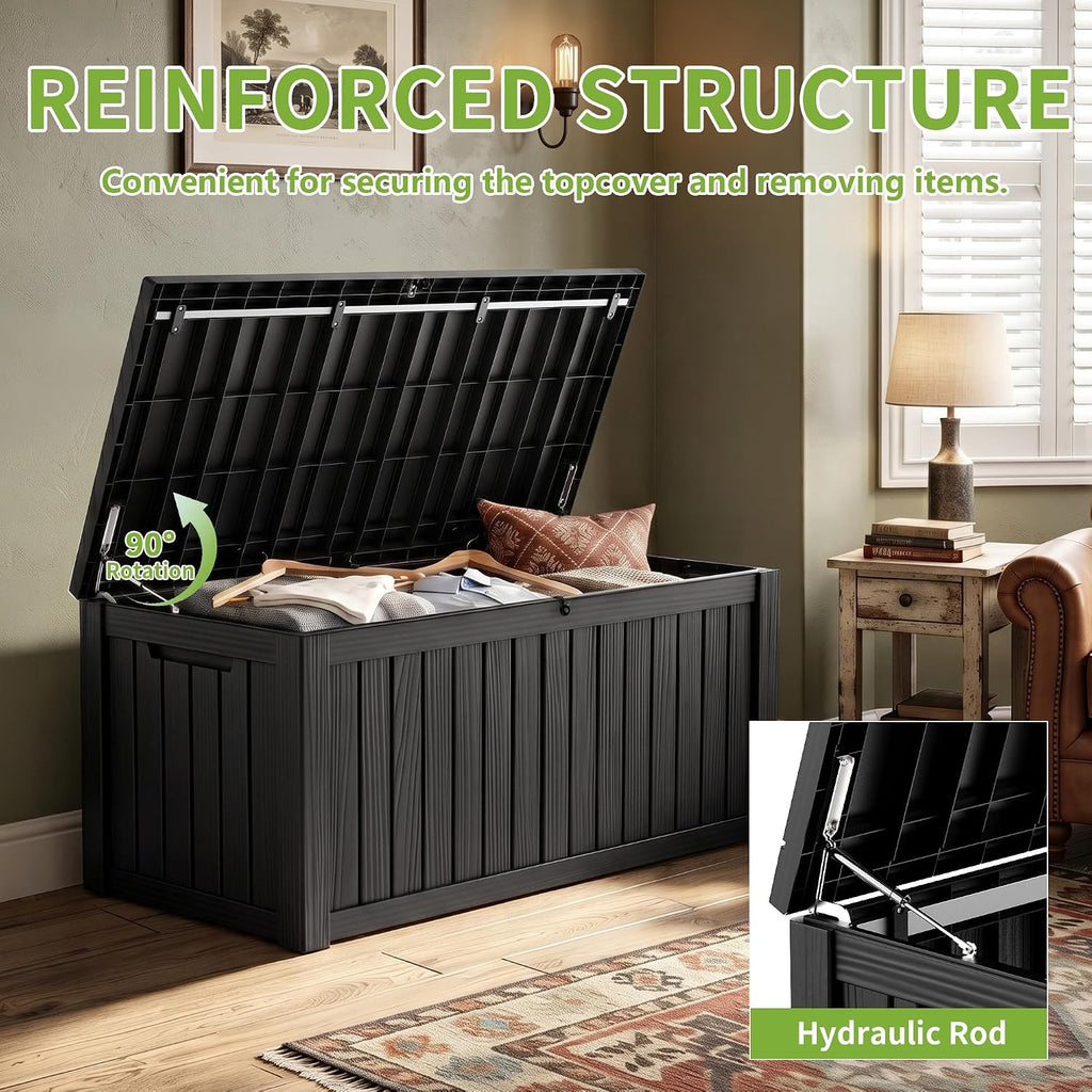rojik 170 gallon waterproof outdoor deck storage box showing dimensions