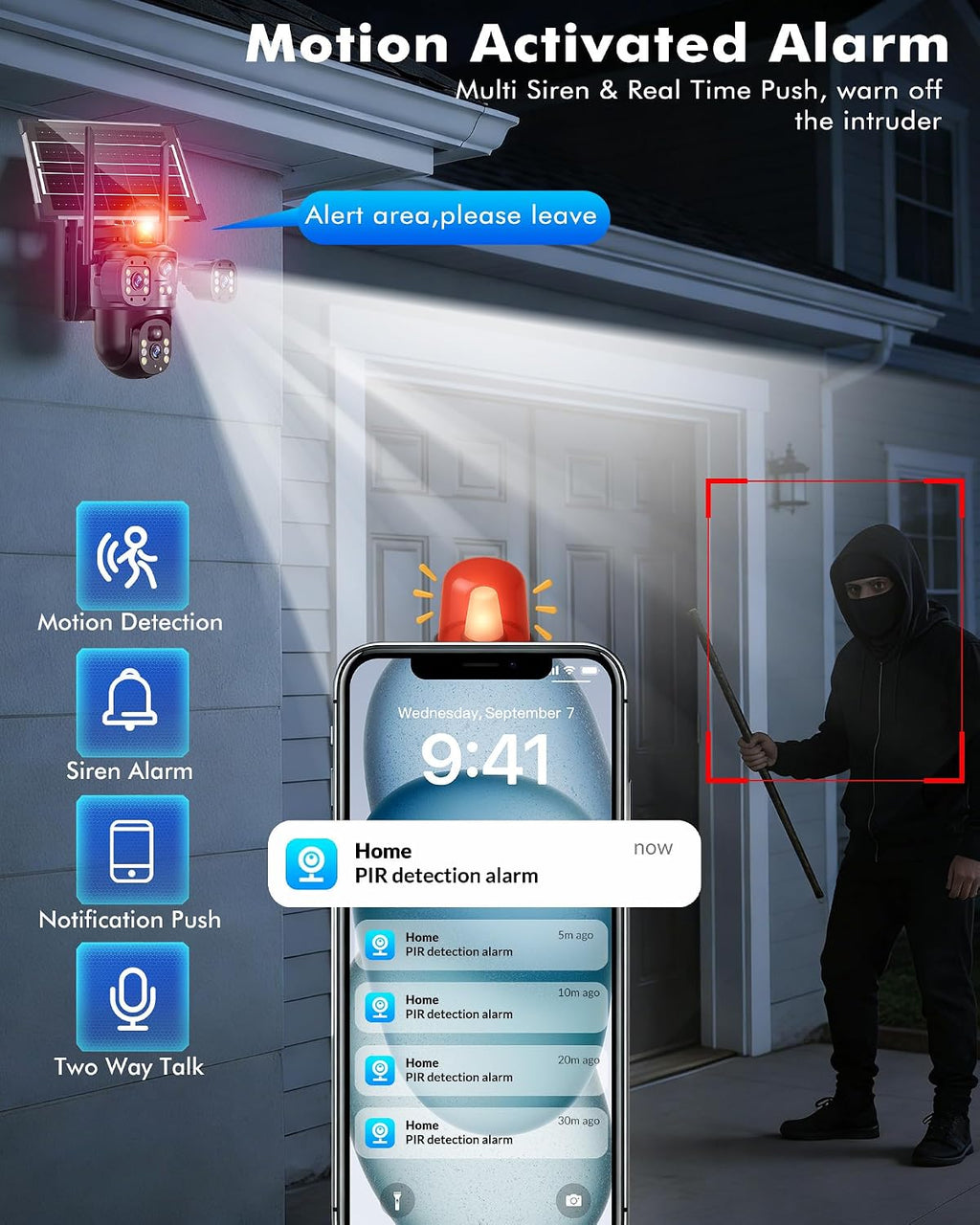 kepeak solar security camera outdoor wireless, dual lens showing dimensions