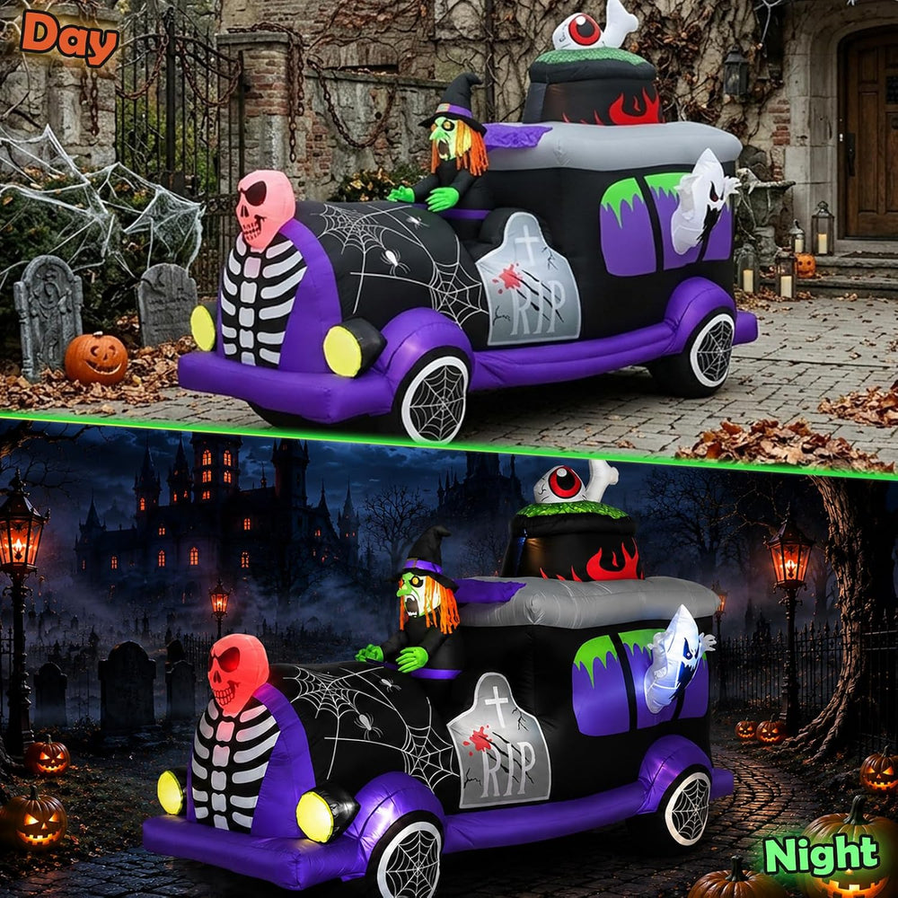 8FT Halloween Inflatables Witch Hearse with Ghost Skeletons Outdoor Decor
