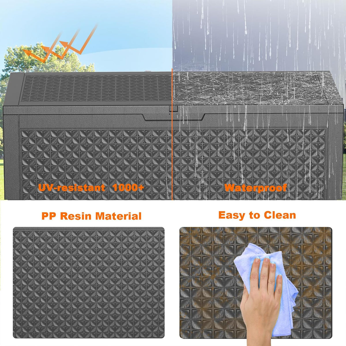 110 gallon outdoor storage box waterproof, resin lockable showing dimensions