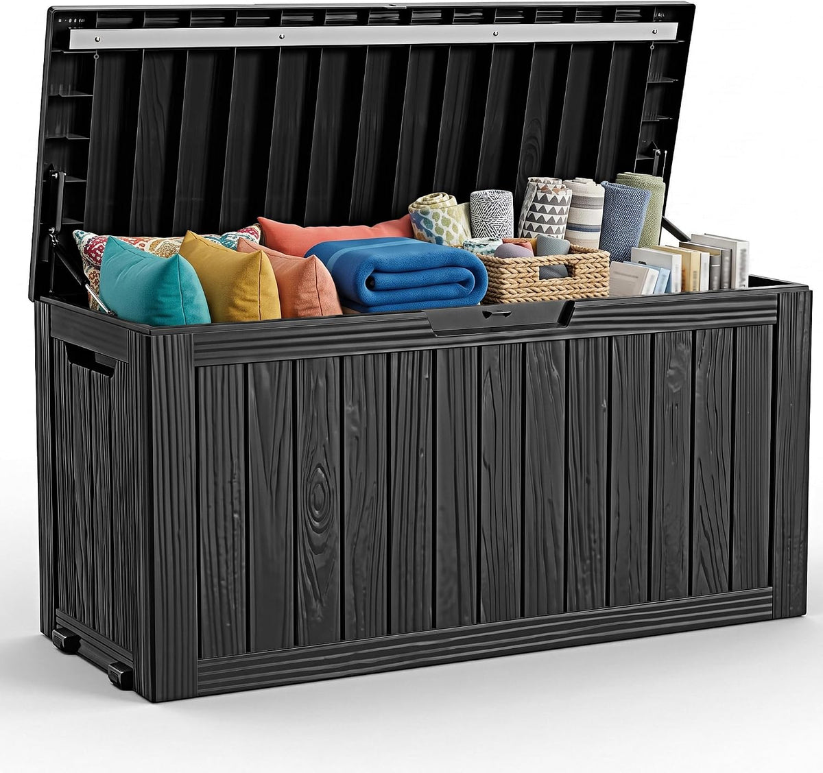 ROJIK 149 Gallon Outdoor Storage Box Waterproof,Weatherproof Deck Boxes Outdoor Lockable,Resin Outside Storage Box for Garden Tools,Cushions,Accessories(Black,149 Gal)