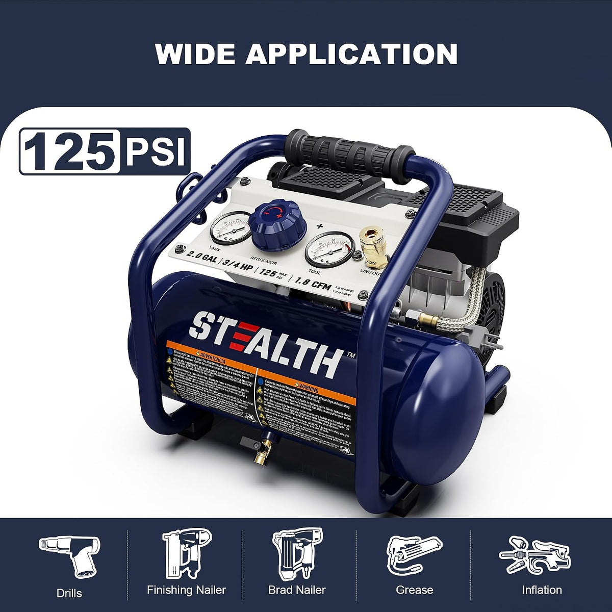 Stealth Air Compressor 2 Gallon, 3/4 HP Oil-Free Compressor, Less than 60dB Ultra Quiet Electric Air Compressor,Max 125 PSI Pressure for Tire Inflation,Nailing,Home DIY Project(SAQ-1234)