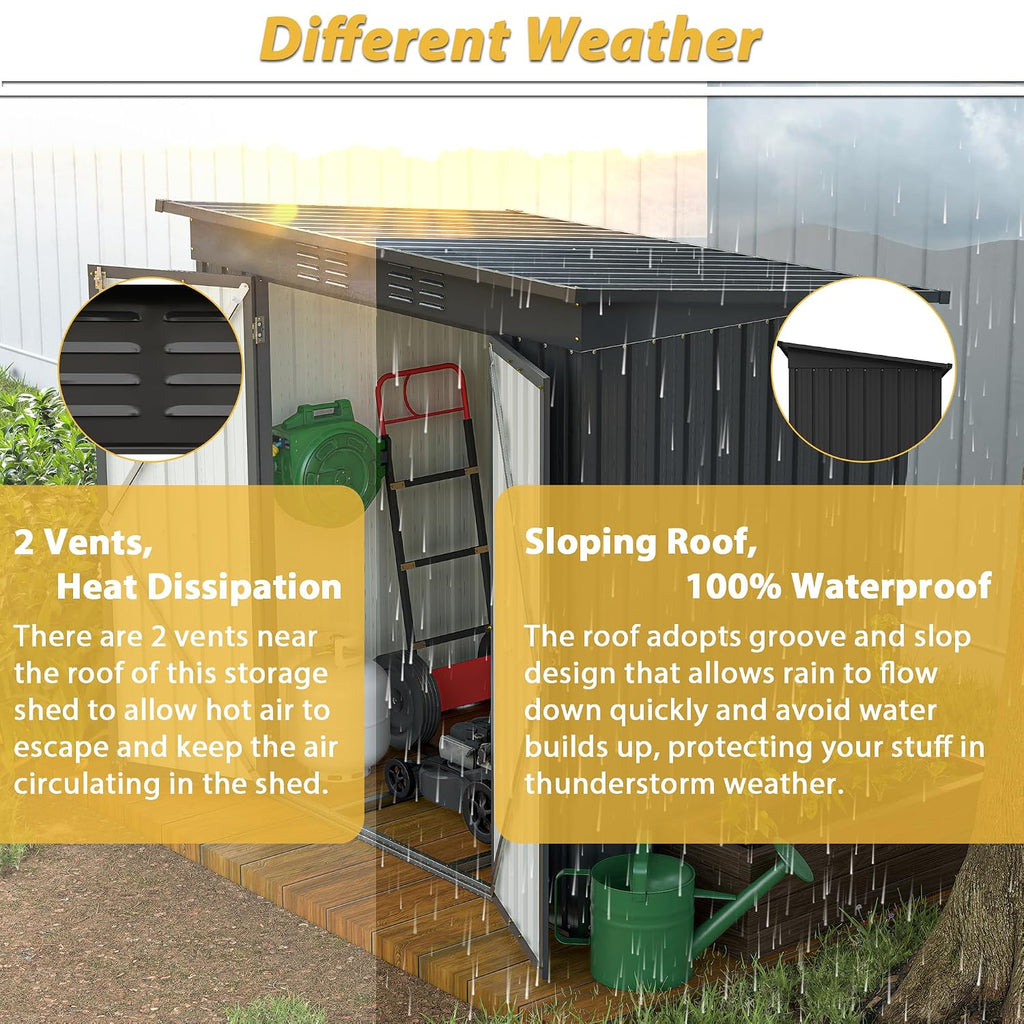 6x4 FT Galvanized Steel Garden Sheds with Ventilation and Sloped Roof, Metal Storage Locker Includes A Lock,Key & Hinged Doors,2 Pairs of Gloves,for Tool,Equipment,Black