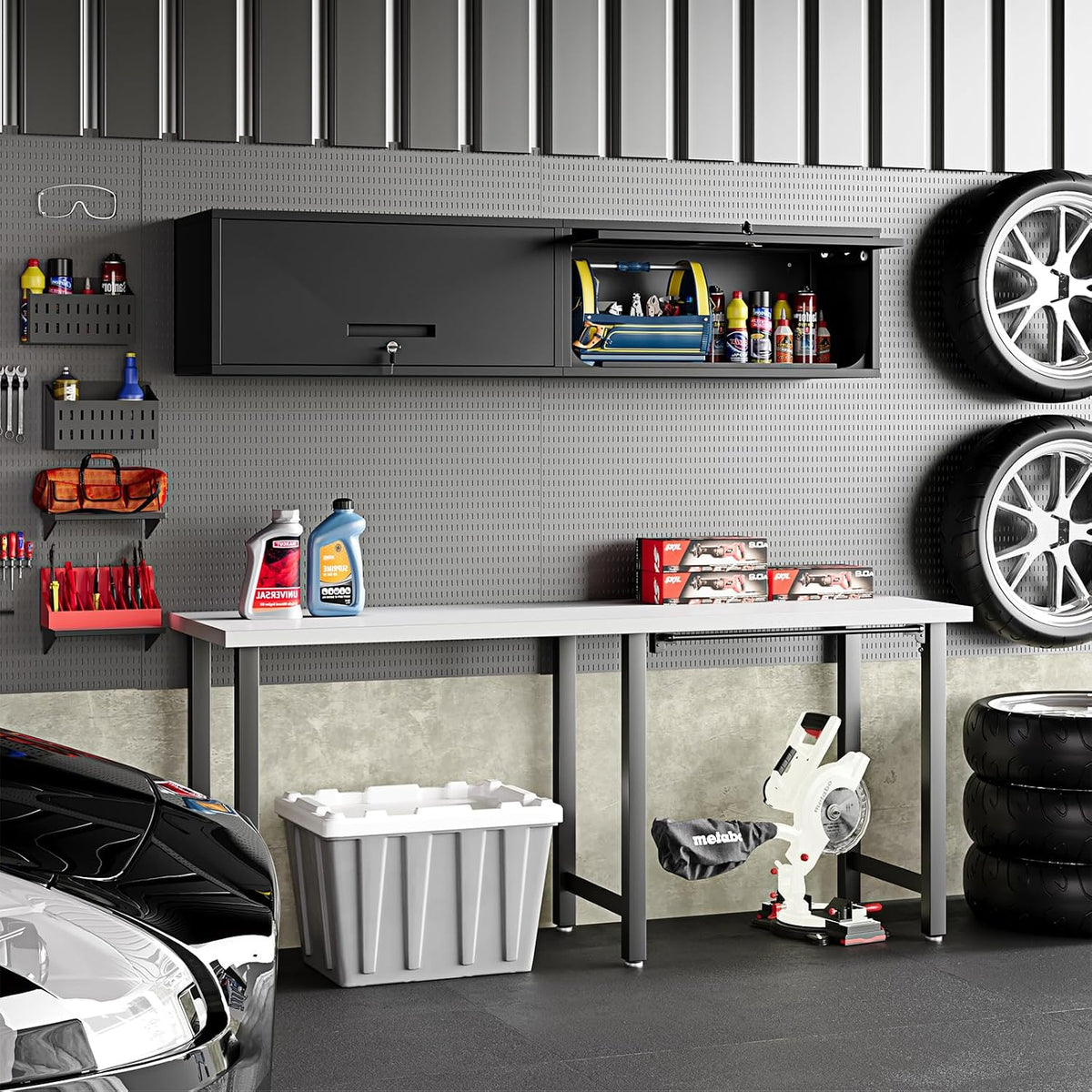 small wall-mounted locking cabinet metal garage storage cabinet, close-up detail