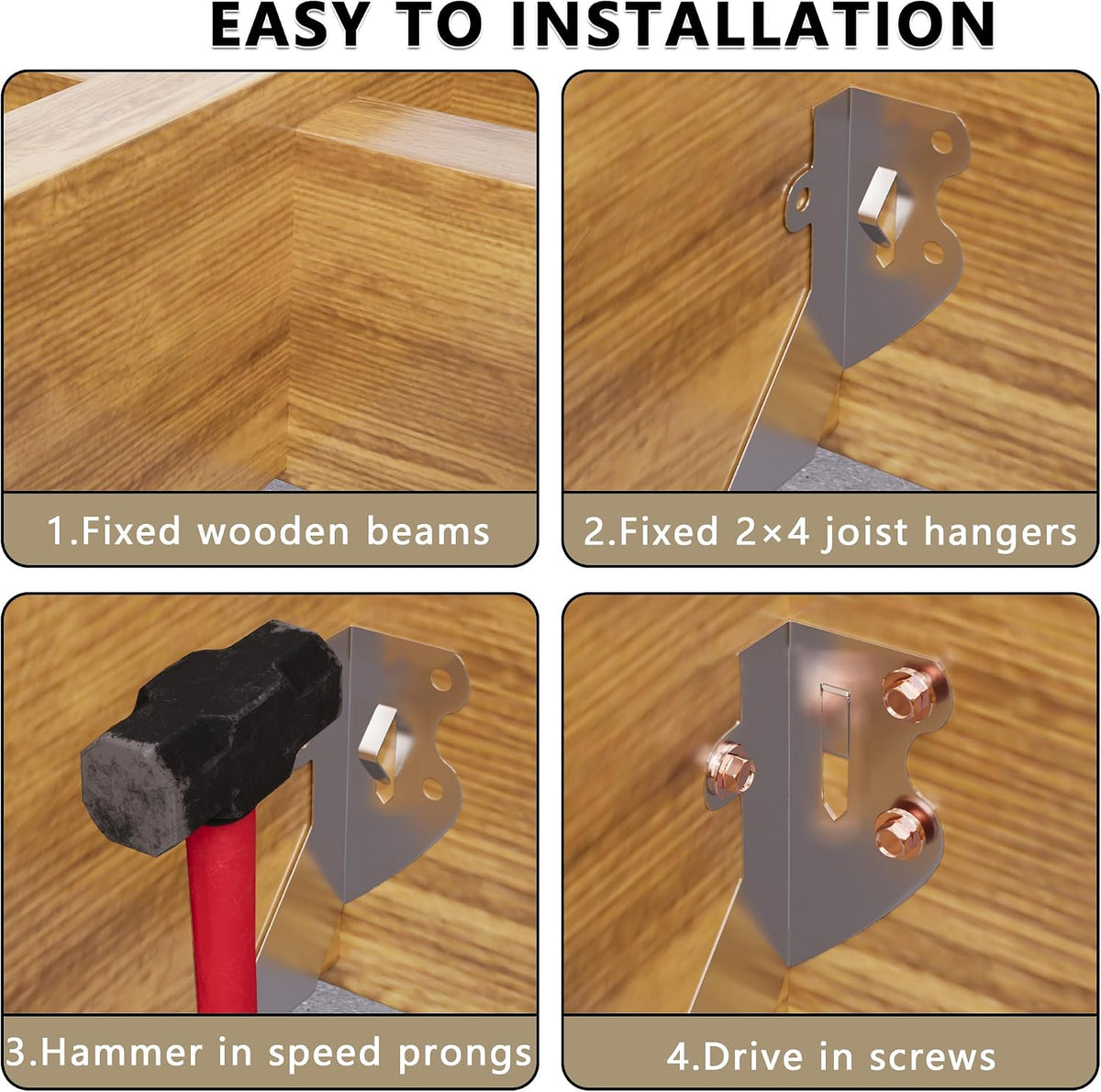 2x4 joist hangers with screws for wood, galvanized showing dimensions