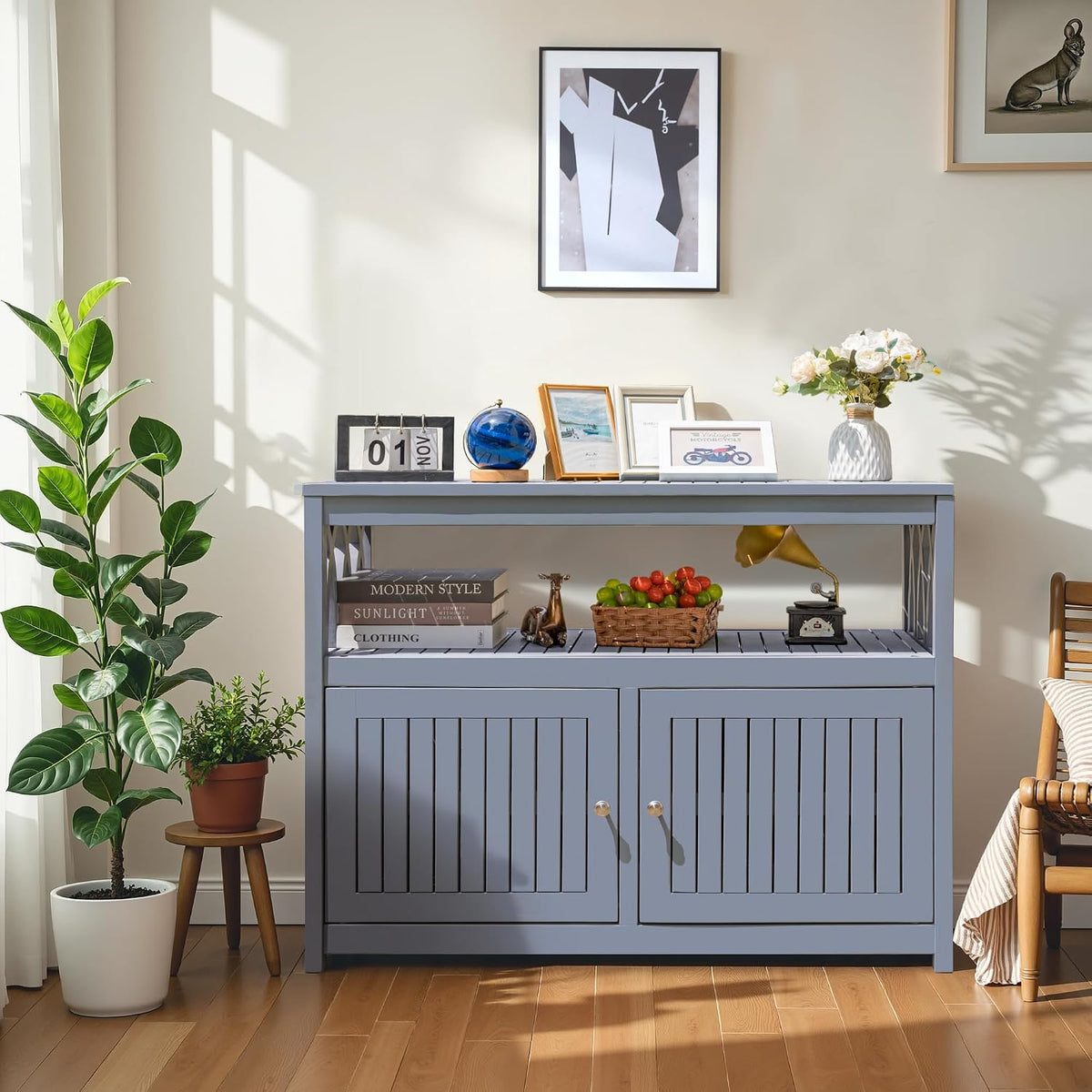 devoko acacia wood patio cabinet with 2 magnetic, front angle view