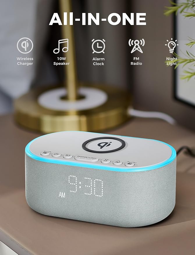 Odokee Wireless Charging Alarm Clock Radio: Qi Certified Fast Wireless Charger