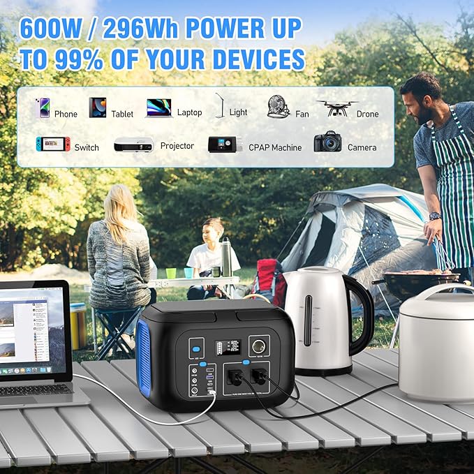 Portable Power Station 600W Power Bank 296Wh Solar Generator Lithium Battery