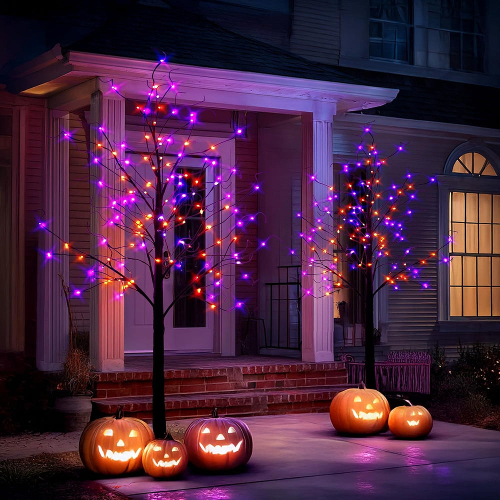 TW SHINE 6FT Halloween Lighted Black Birch Tree, 144 LED Purple and Orange Li...