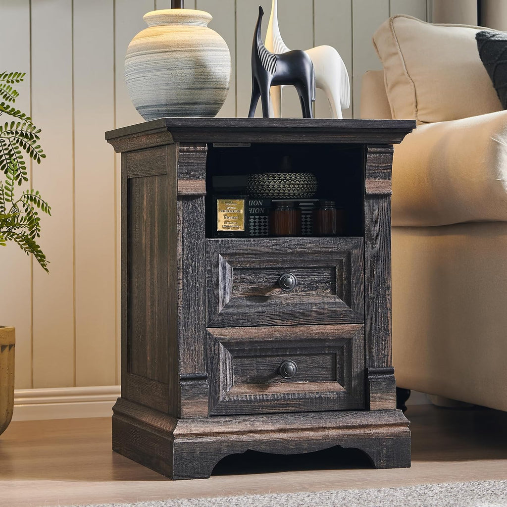 Farmhouse Nightstand with Charging Station, Wooden Sofa Side Table w/Roman