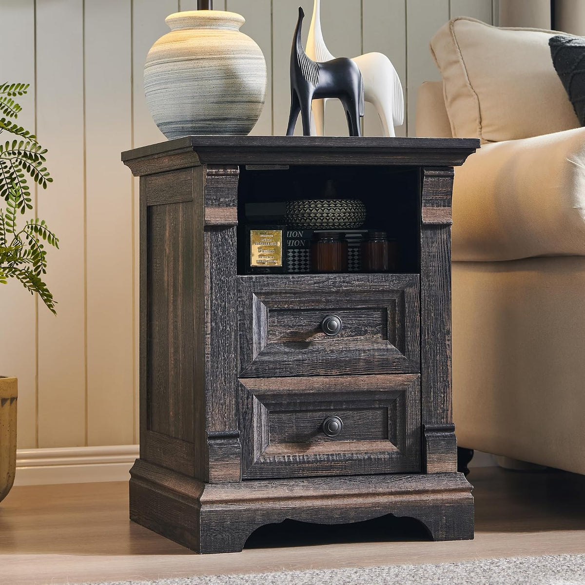 Farmhouse Nightstand with Charging Station, Wooden Sofa Side Table w/Roman