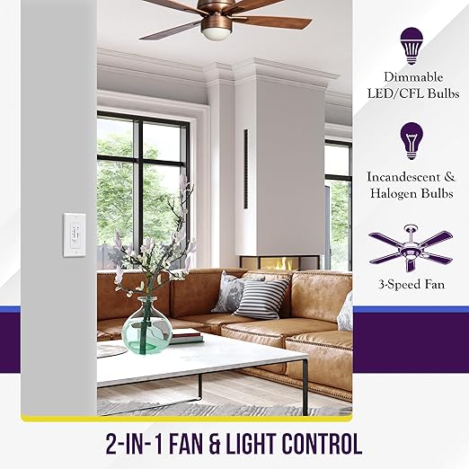 ENERLITES 3 Speed Ceiling Fan Control and Dimmer Light Switch, 2.5A Single Pole (2 Pack)
