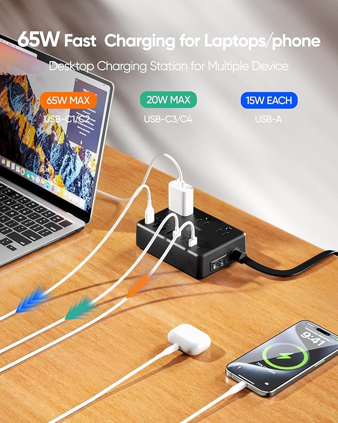 Kakyanill 100W Power Strip, 6 AC Outlets 8 USB Ports