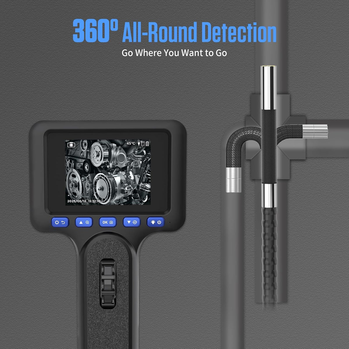two-way articulating borescope 4" hd with light 4ft showing dimensions