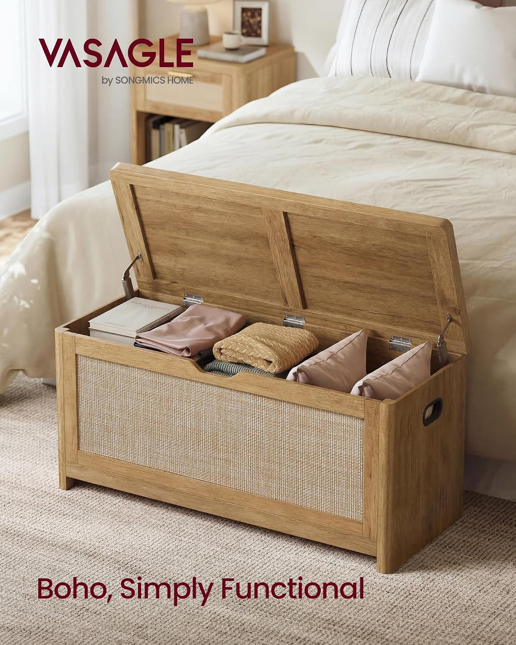 vasagle boho storage bench with rattan look, rounded, close-up detail