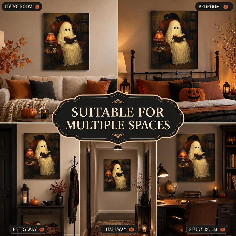 Halloween Canvas Wall Art, Reading Ghost with Black Cat Halloween Pictures