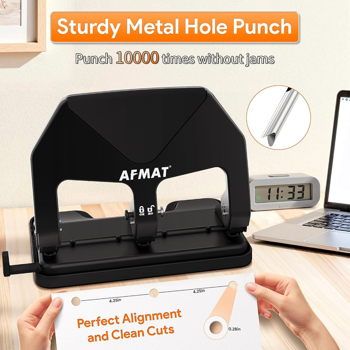 AFMAT Heavy Duty 3 Hole Punch, 50-Sheet Capacity, 50% Reduced Effort Three Hole Puncher for Binder, 10K+ Uses, Large Chip Tray, Adjustable Paper Guide, Office Metal Paper Puncher 3 Ring HP20(Black)