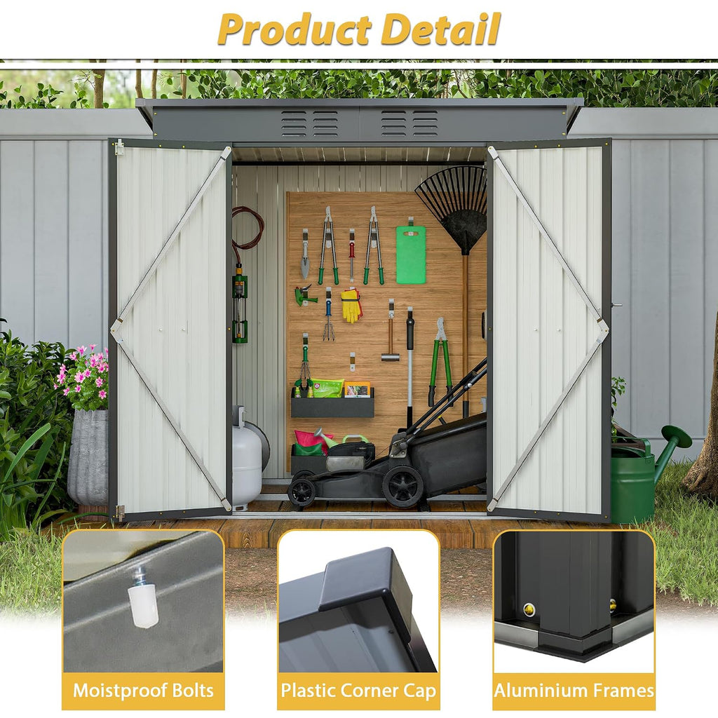 6x4 FT Galvanized Steel Garden Sheds with Ventilation and Sloped Roof, Metal Storage Locker Includes A Lock,Key & Hinged Doors,2 Pairs of Gloves,for Tool,Equipment,Black