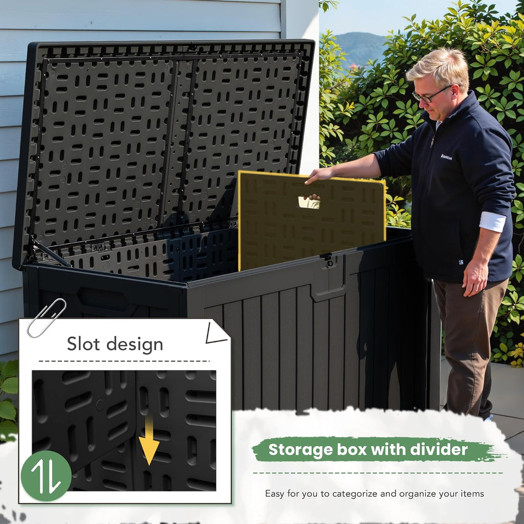 greesum 230 gallon hdpe outdoor storage box with, side view