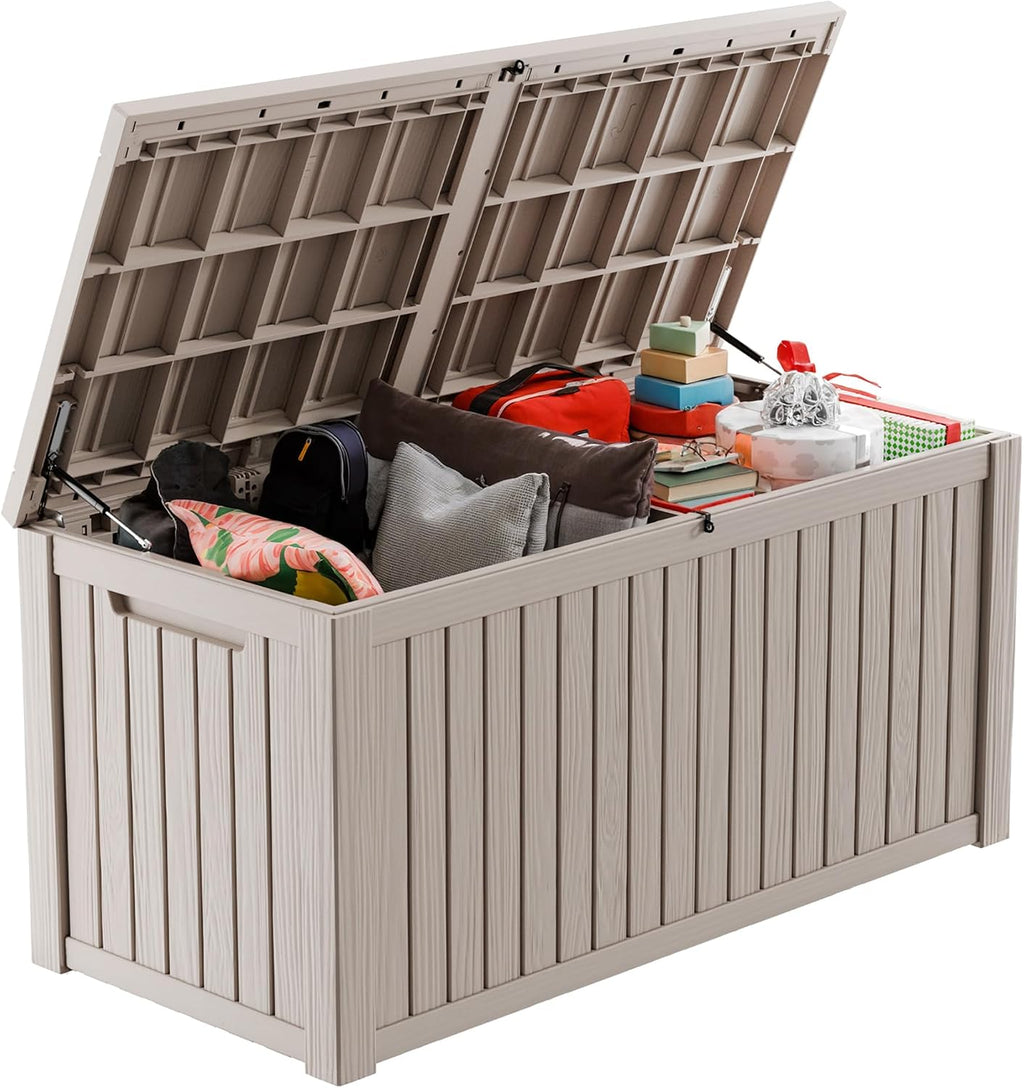 rojik 200 gallon deck box outdoor, waterproof outdoor shown in use