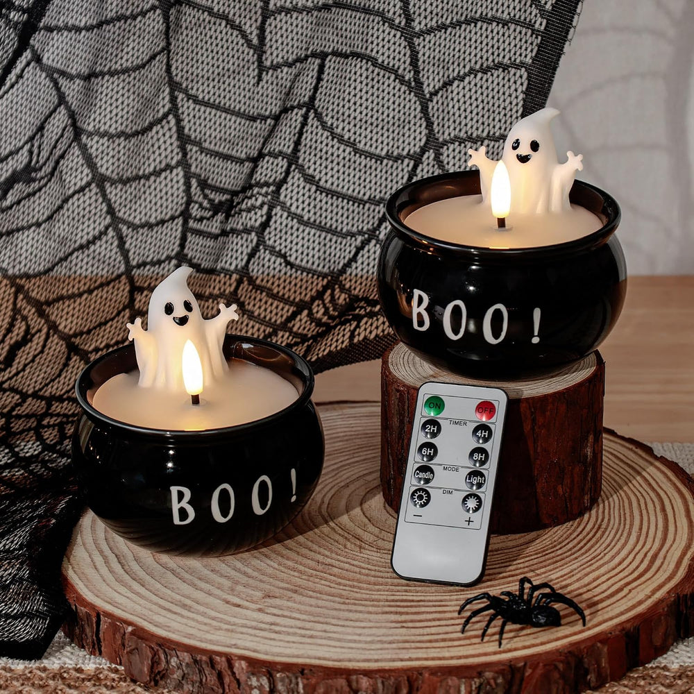 Halloween Flameless Candles 2 Pack, BOO Ghost Battery Operated LED Decor